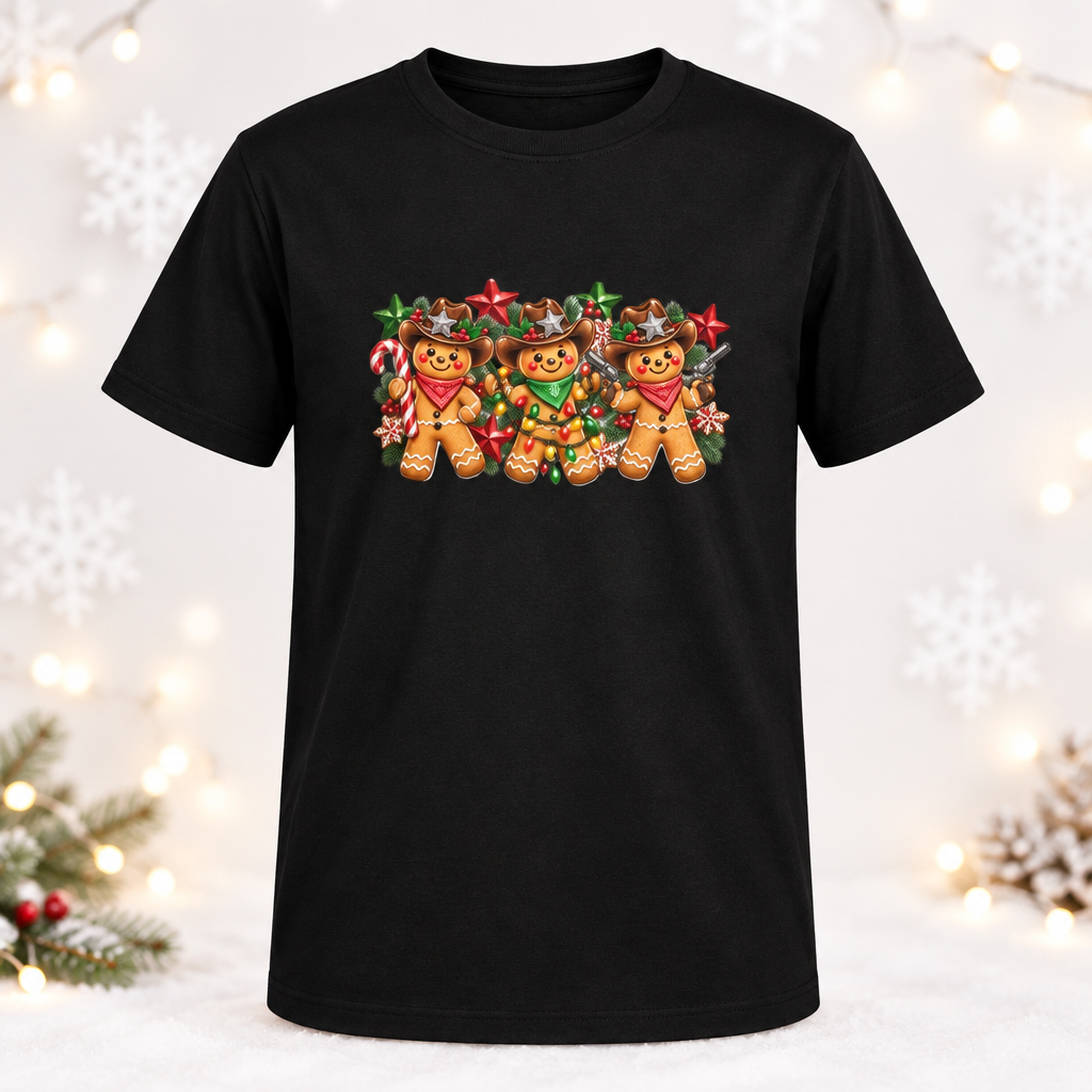 Clean black tee mockup, gingerbread cowboys design, white Christmas backdrop
