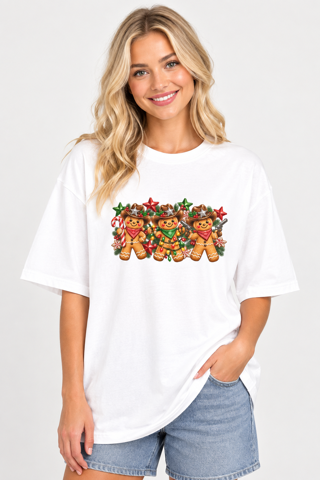 Clean Etsy mockup, white tee with gingerbread cowboys, no clutter