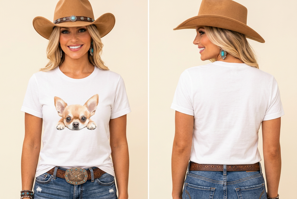 Clean front-and-back studio mockup of the white Peekaboo Chihuahua tee on your cowgirl model