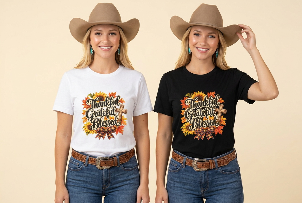 Clean studio image of two adult blonde cowgirls wearing the Thankful Grateful Blessed tee, one in white and one in black