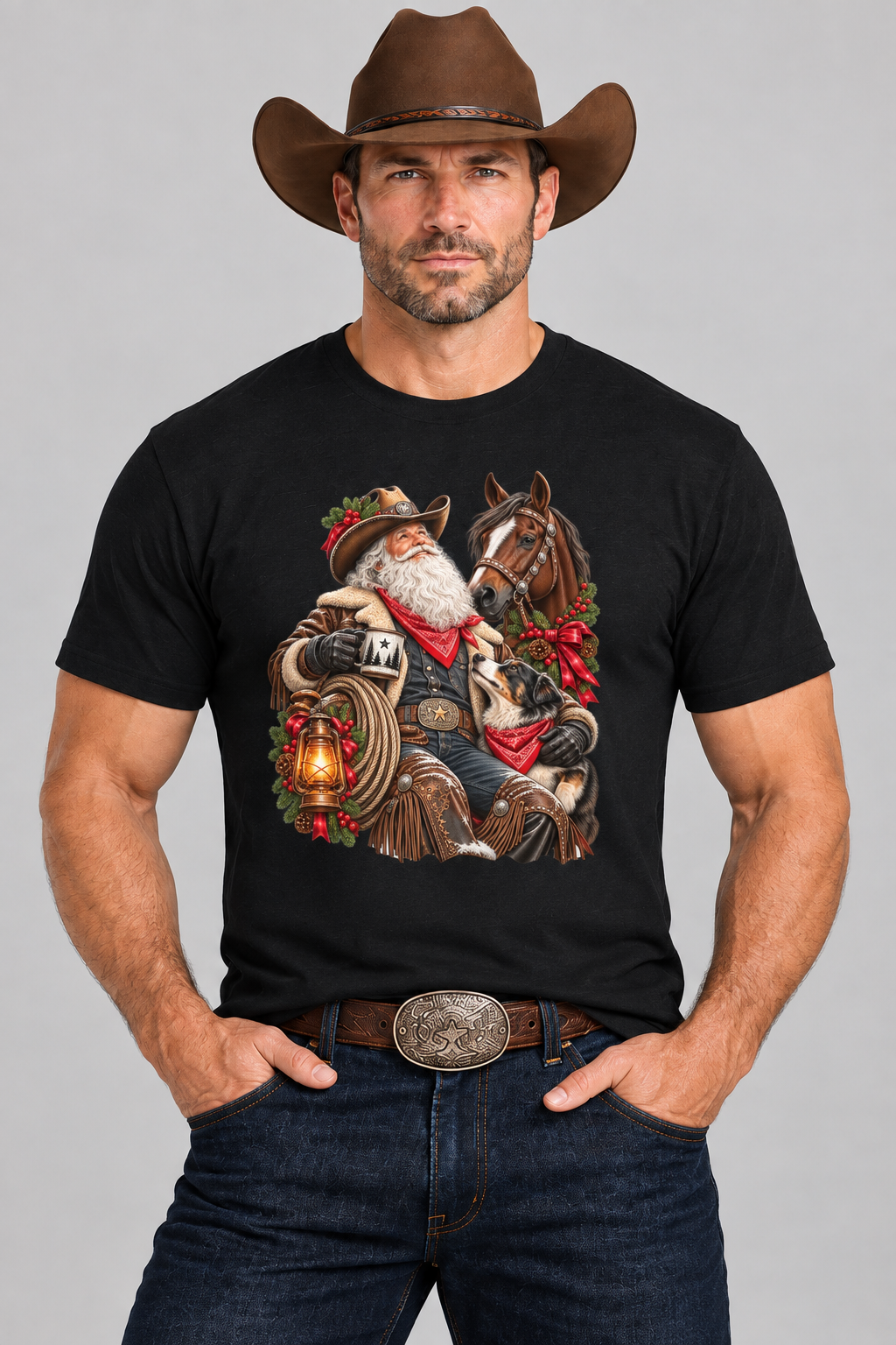 Clean western cowboy mockup wearing the black Cowboy Santa tee