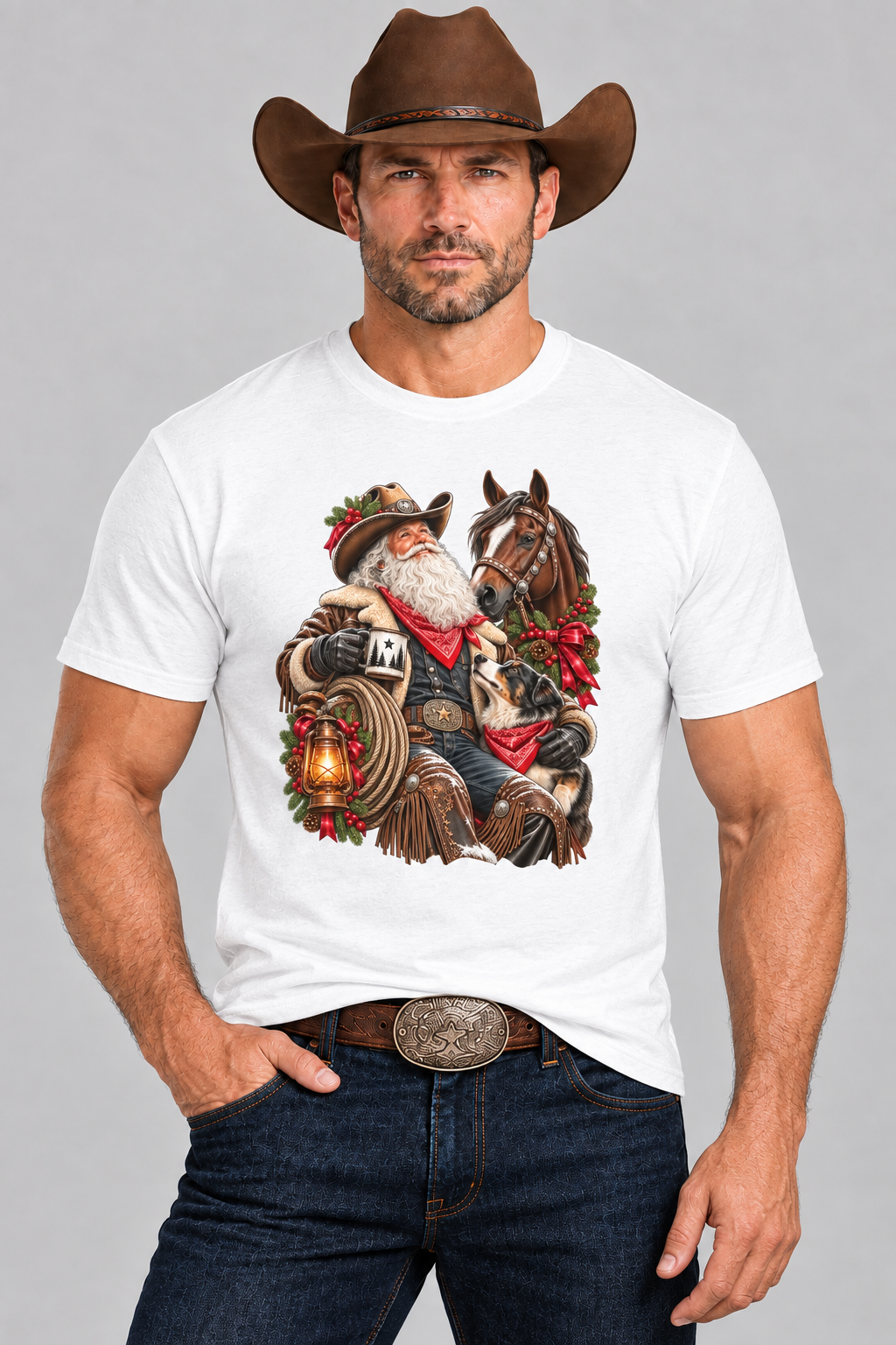 Clean western cowboy mockup wearing the white Cowboy Santa tee