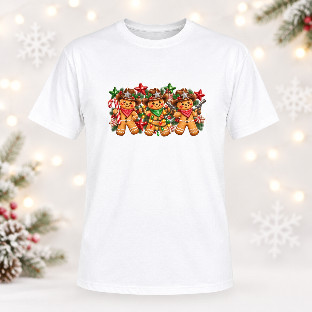Clean white tee mockup, gingerbread cowboys design, white Christmas backdrop