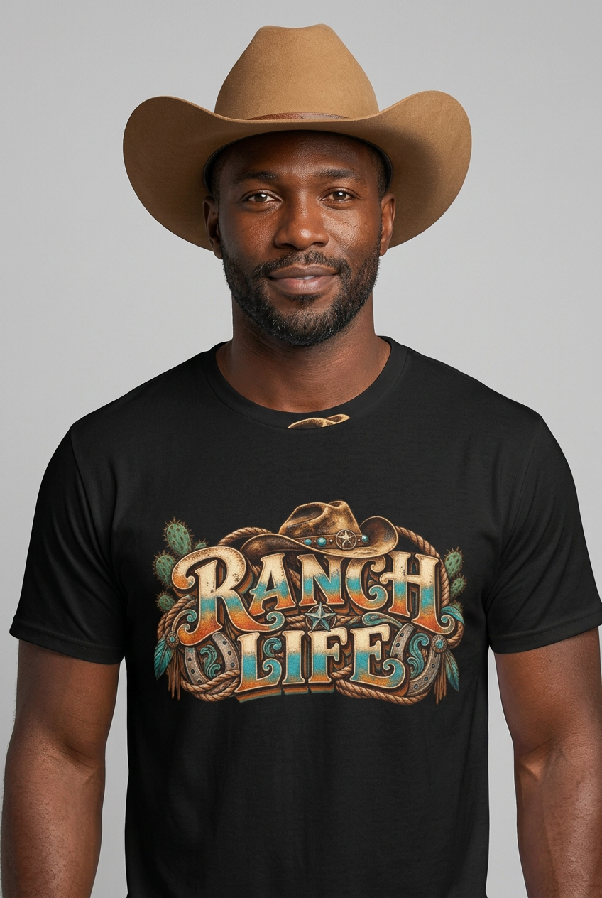 Close-up Black cowboy portrait wearing the black Ranch Life tee