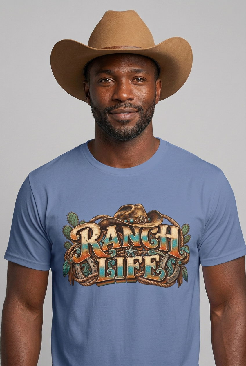 Close-up Black cowboy portrait wearing the blue Ranch Life tee
