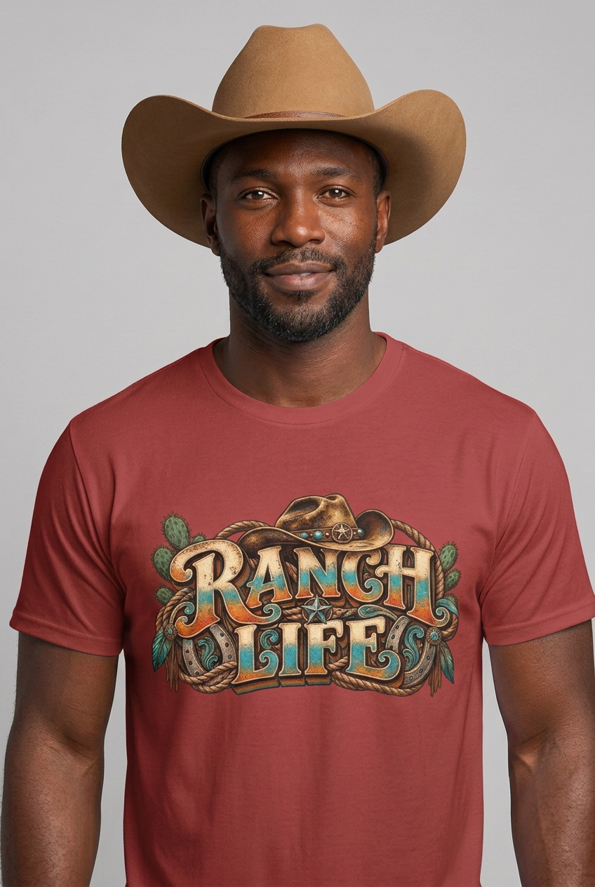 Close-up Black cowboy portrait wearing the red Ranch Life tee