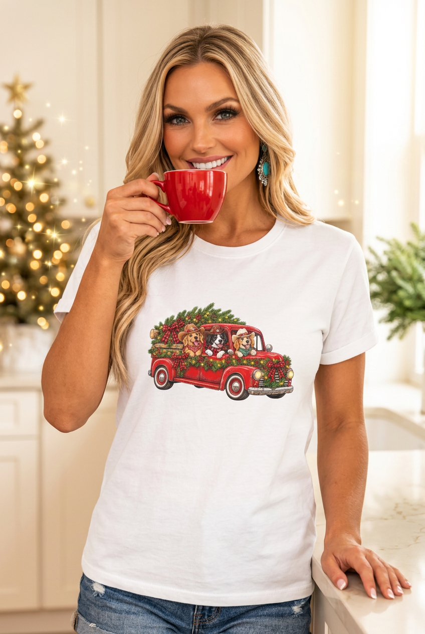 Close-up Christmas coffee moment with your cowgirl in the white tee, warm festive lighting and unobstructed artwork