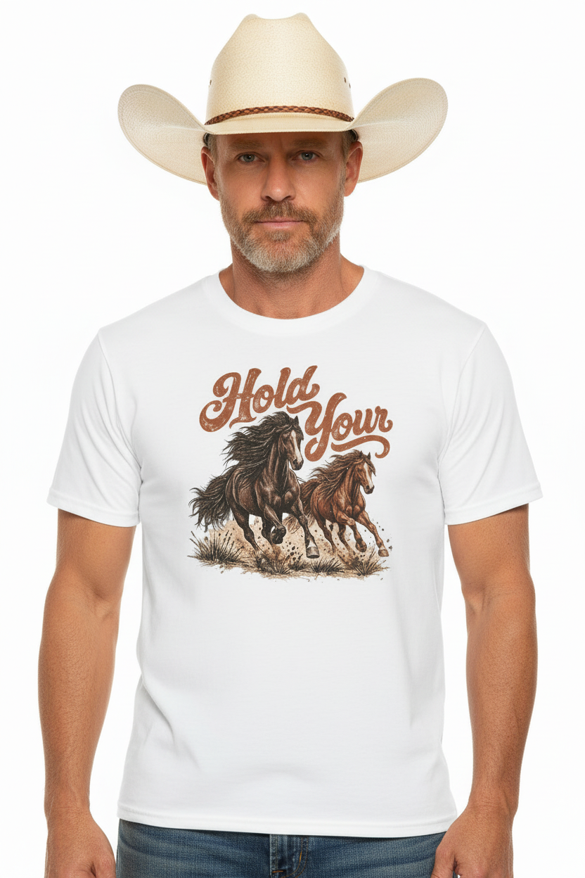 Close-up cowboy mockup of the white western tee