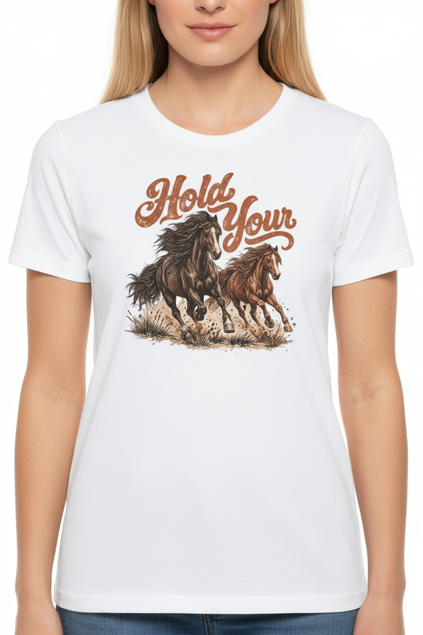 Close-up cowgirl mockup of the white western tee