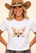 Close-up feature image of your cowgirl model wearing the white Peekaboo Chihuahua tee