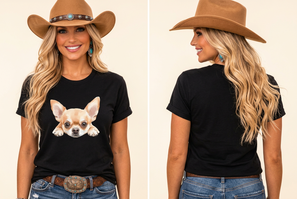 Close-up front-and-back black Peekaboo Chihuahua tee mockup on your cowgirl model