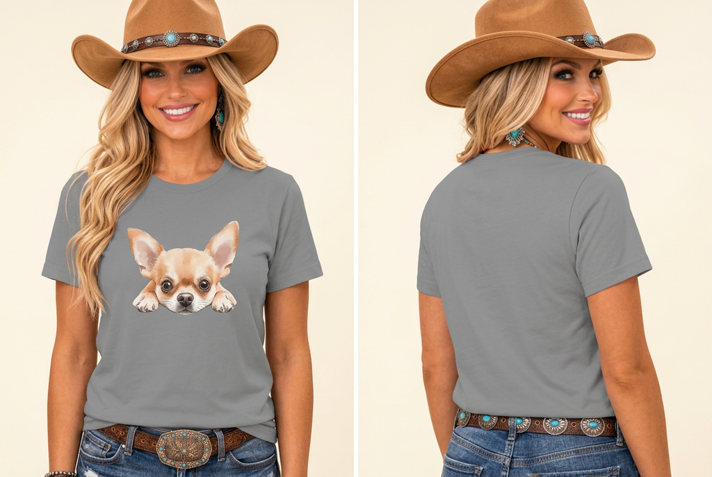 Close-up front-and-back gray Peekaboo Chihuahua tee mockup on your cowgirl model