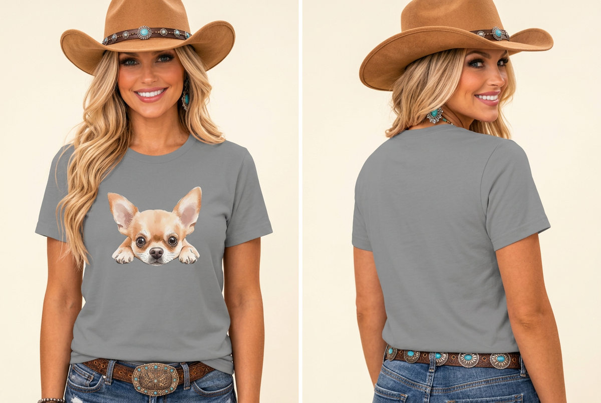 Close-up front-and-back gray Peekaboo Chihuahua tee mockup on your cowgirl model
