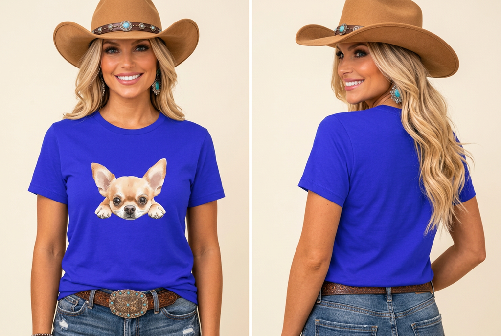Close-up front-and-back royal blue Peekaboo Chihuahua tee mockup on your cowgirl model