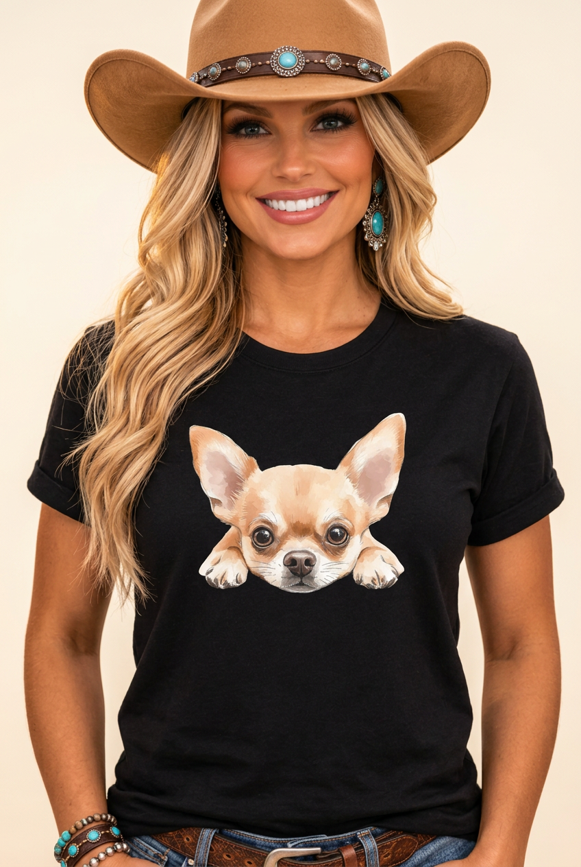 Close-up front shot of your cowgirl model in the black Peekaboo Chihuahua tee