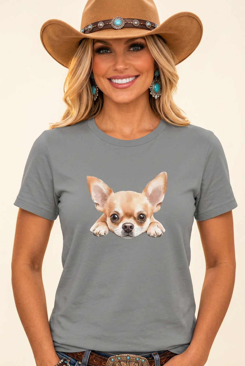 Close-up front shot of your cowgirl model wearing the gray Peekaboo Chihuahua tee