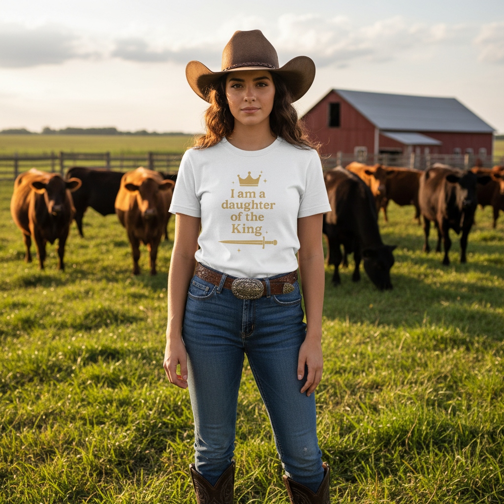 Close-up of cowgirl with cattle grazing behind