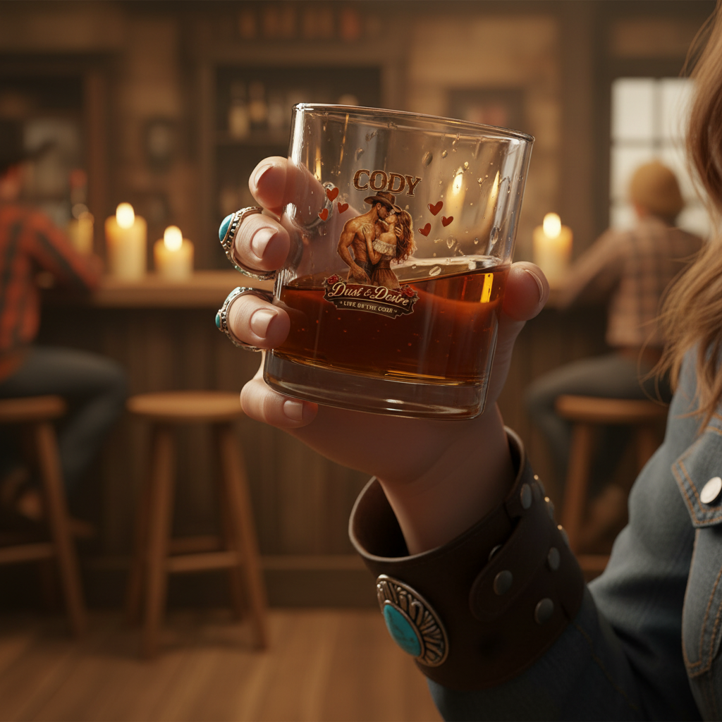 Close-up of cowgirl's hand holding glass while drinking