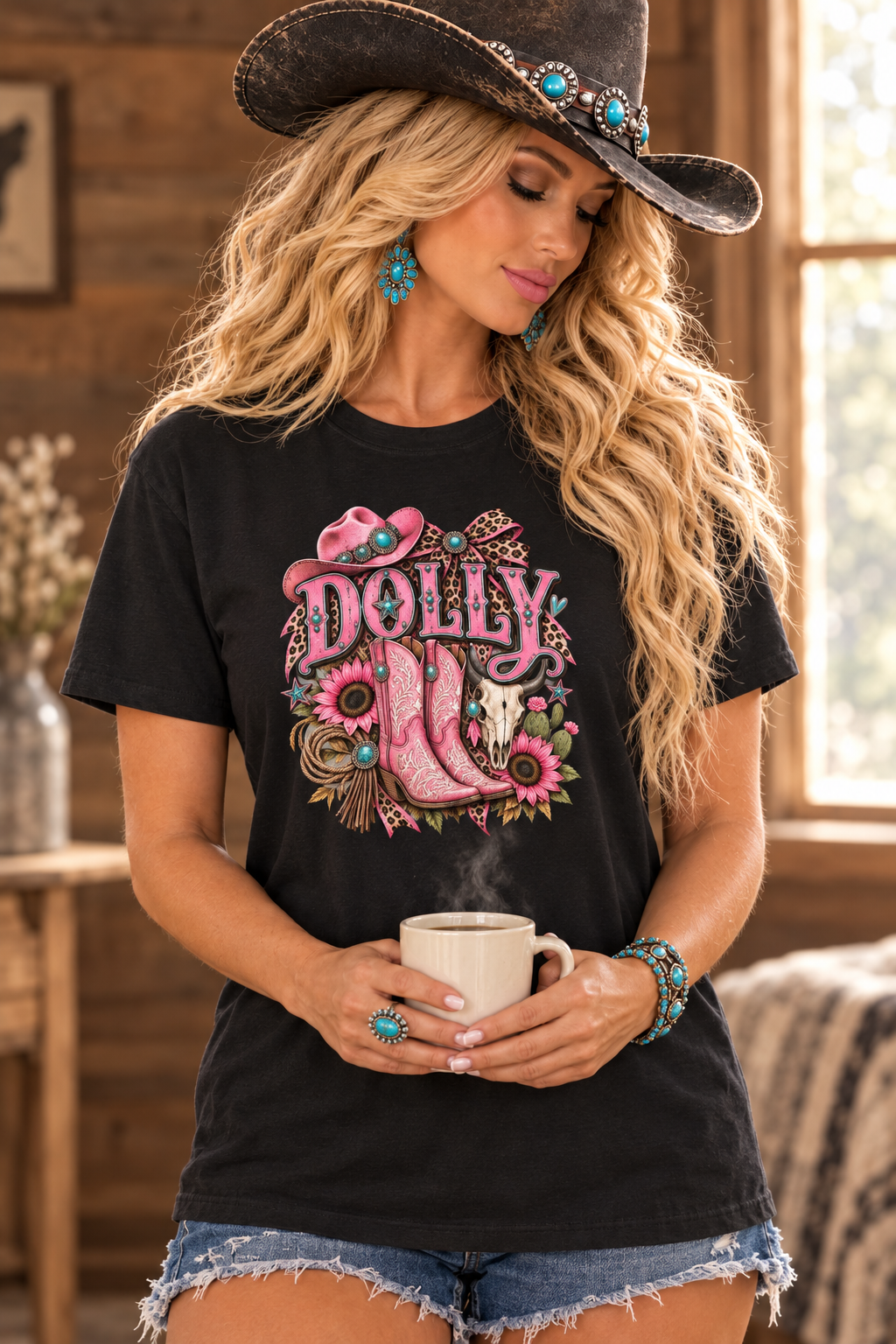 Close-up of the blonde cowgirl in the black Dolly tee holding a coffee mug