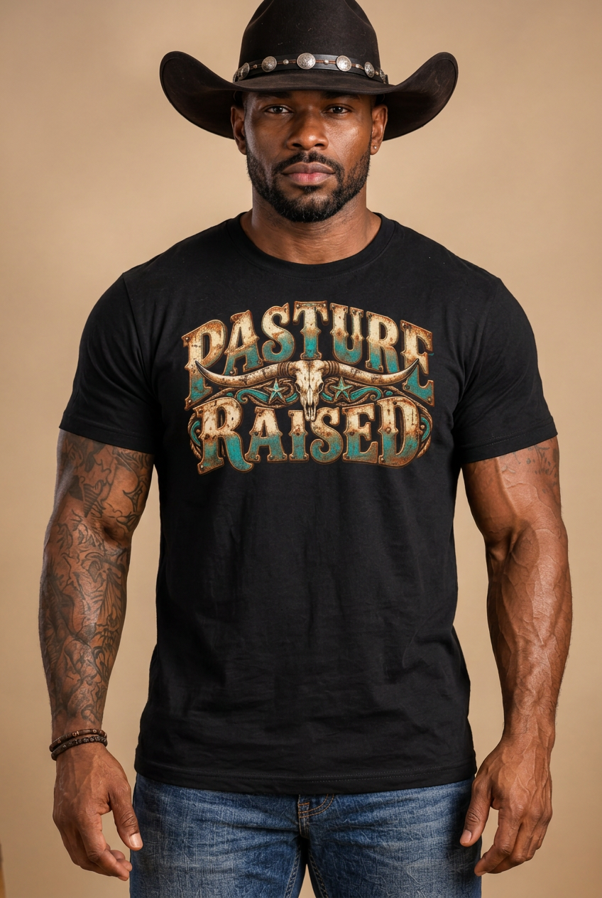 Close-up of the referenced Black cowboy wearing the black Pasture Raised tee on a clean cream backdrop