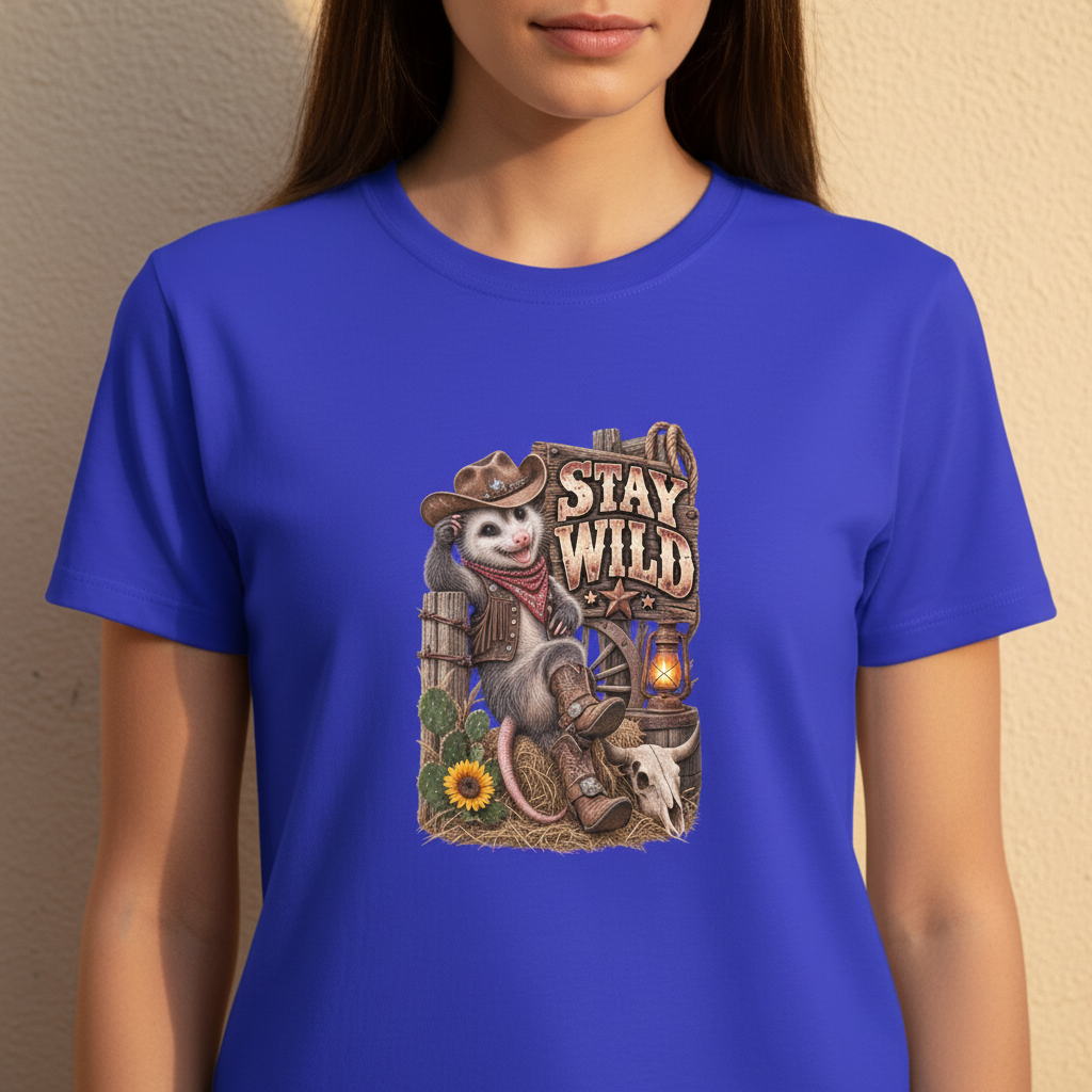 Close up of the Stay Wild print on the royal blue tee