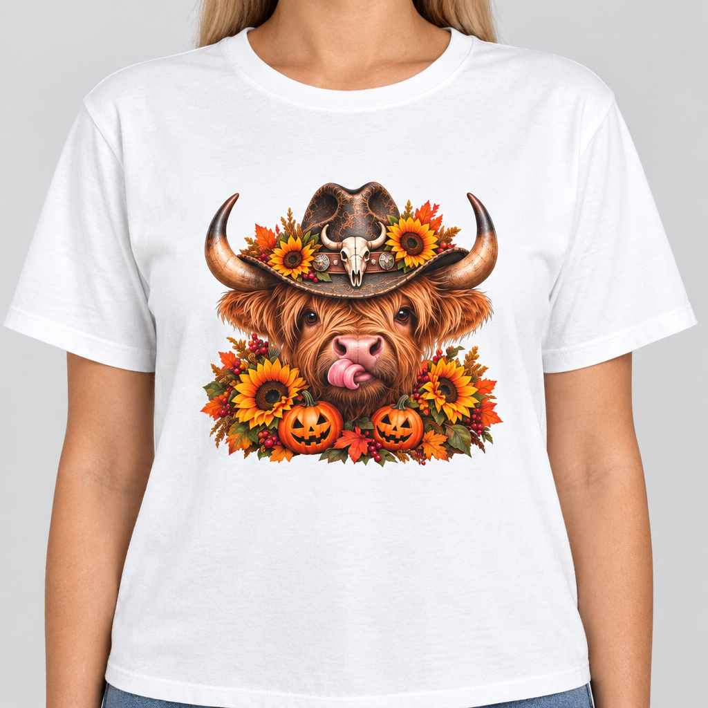 Close-up of the white Highland Cow Halloween tee with clear centered artwork