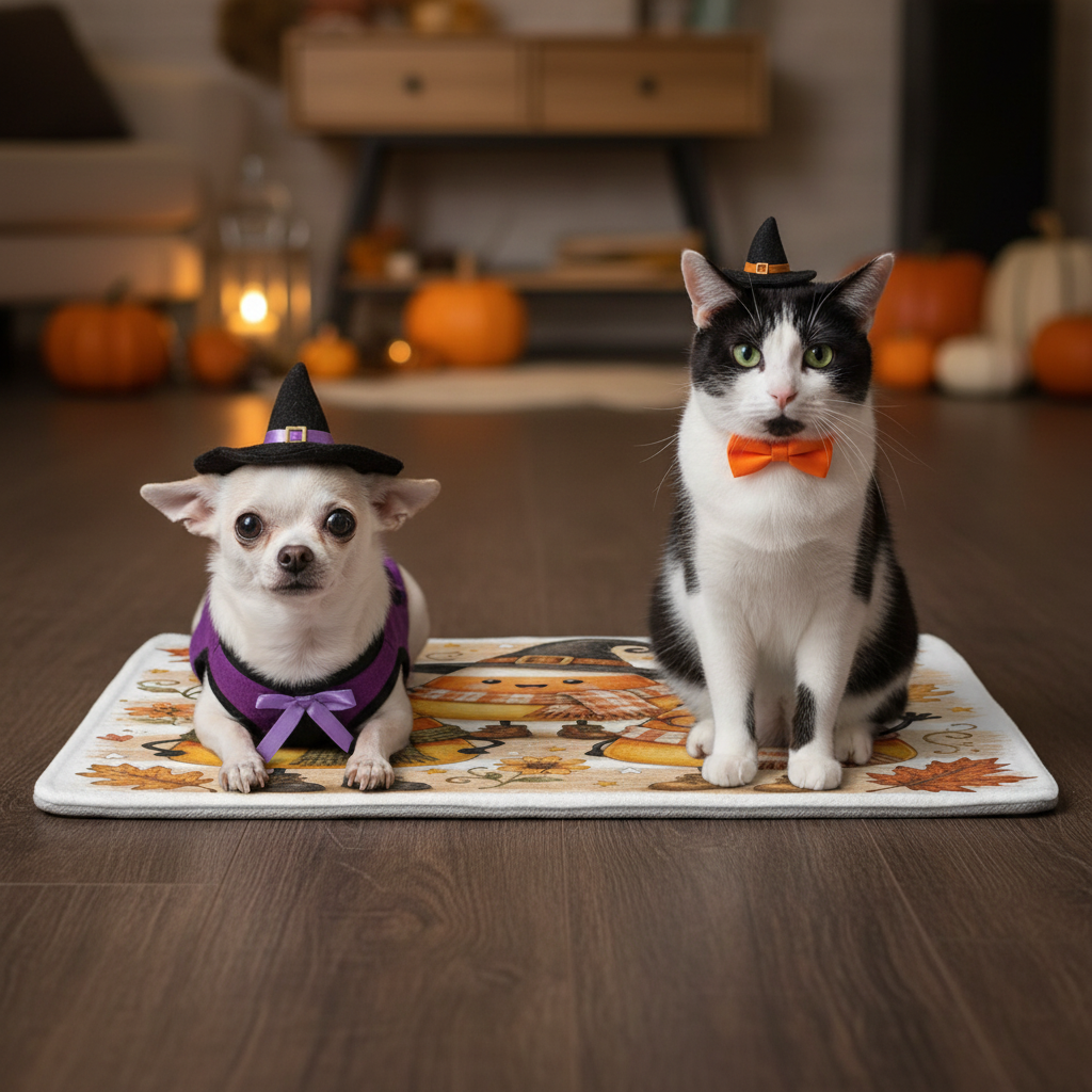 Coco & Boots on Candy Corn Crew Halloween Pet Mat - Redo