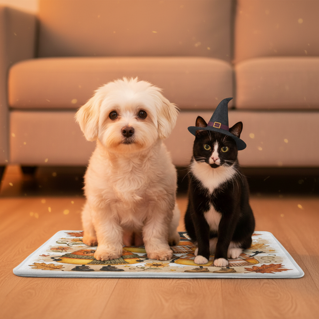 Coco & Boots on Candy Corn Crew Halloween Pet Mat
