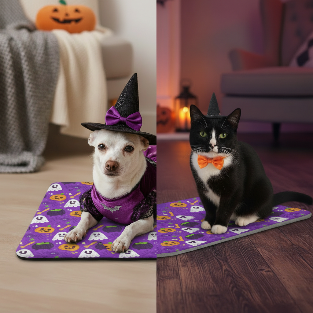 Coco & Boots Side by Side on Halloween Mat