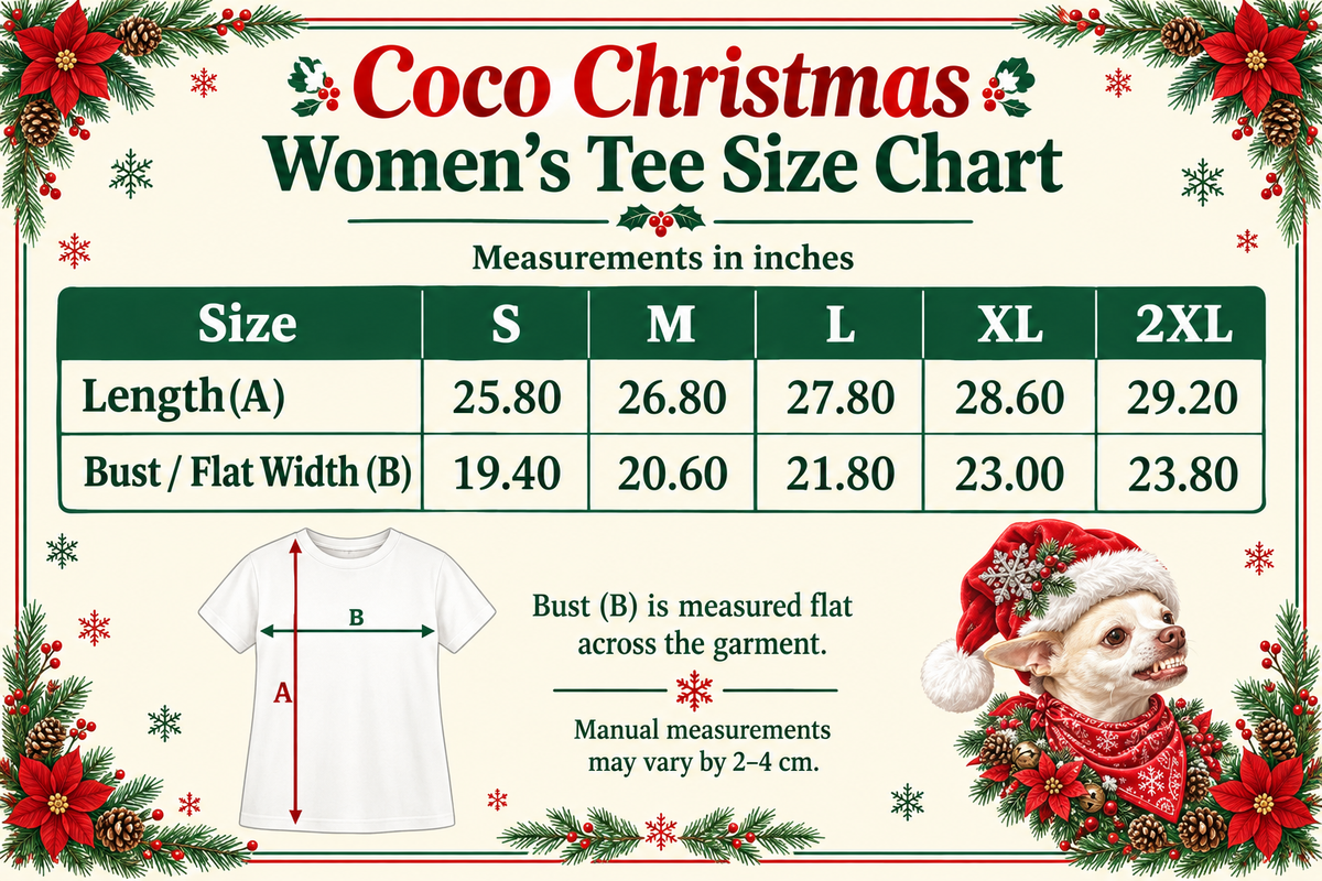 Coco Christmas women’s tee size chart with festive Chihuahua artwork
