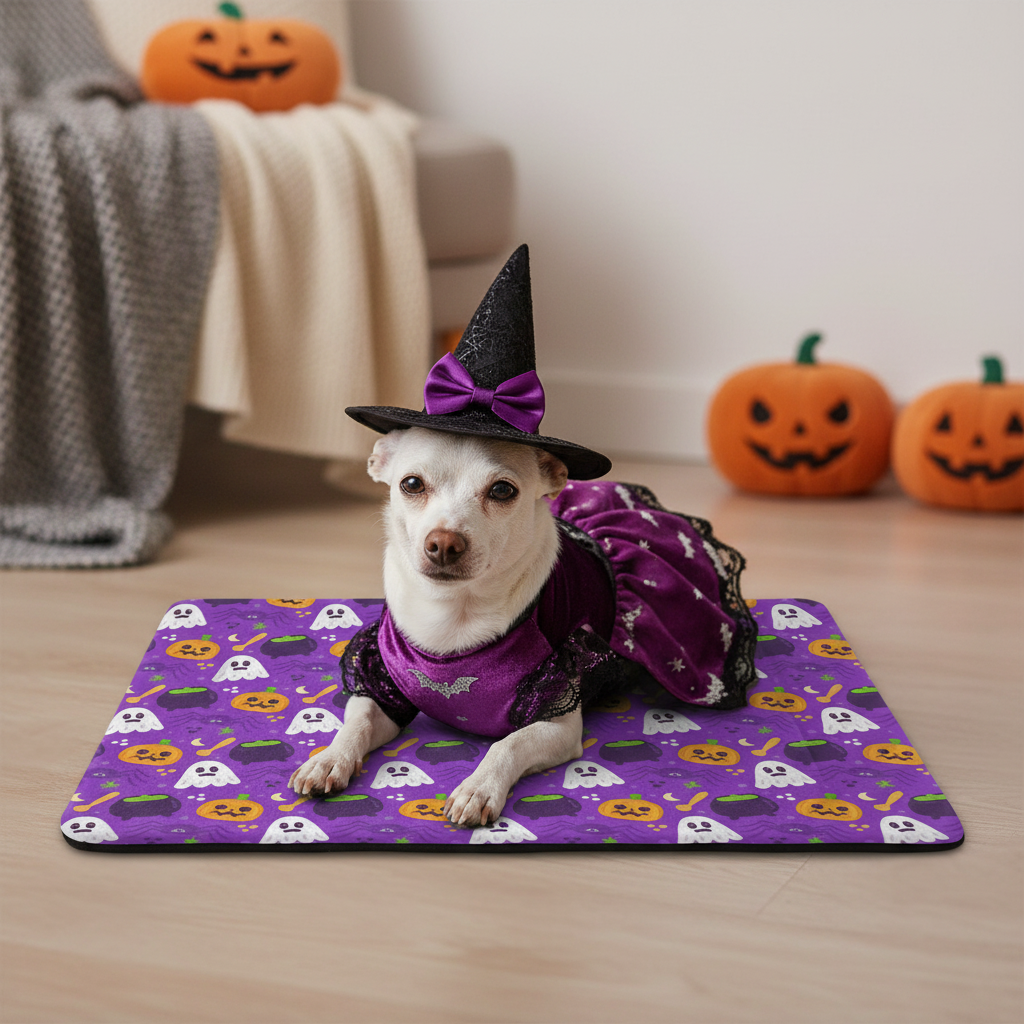 Coco in Halloween Dress on Ghost & Pumpkin Mat