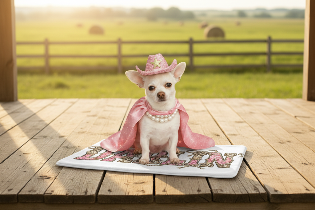 Coco on Darlin' Mat - Ranch Porch