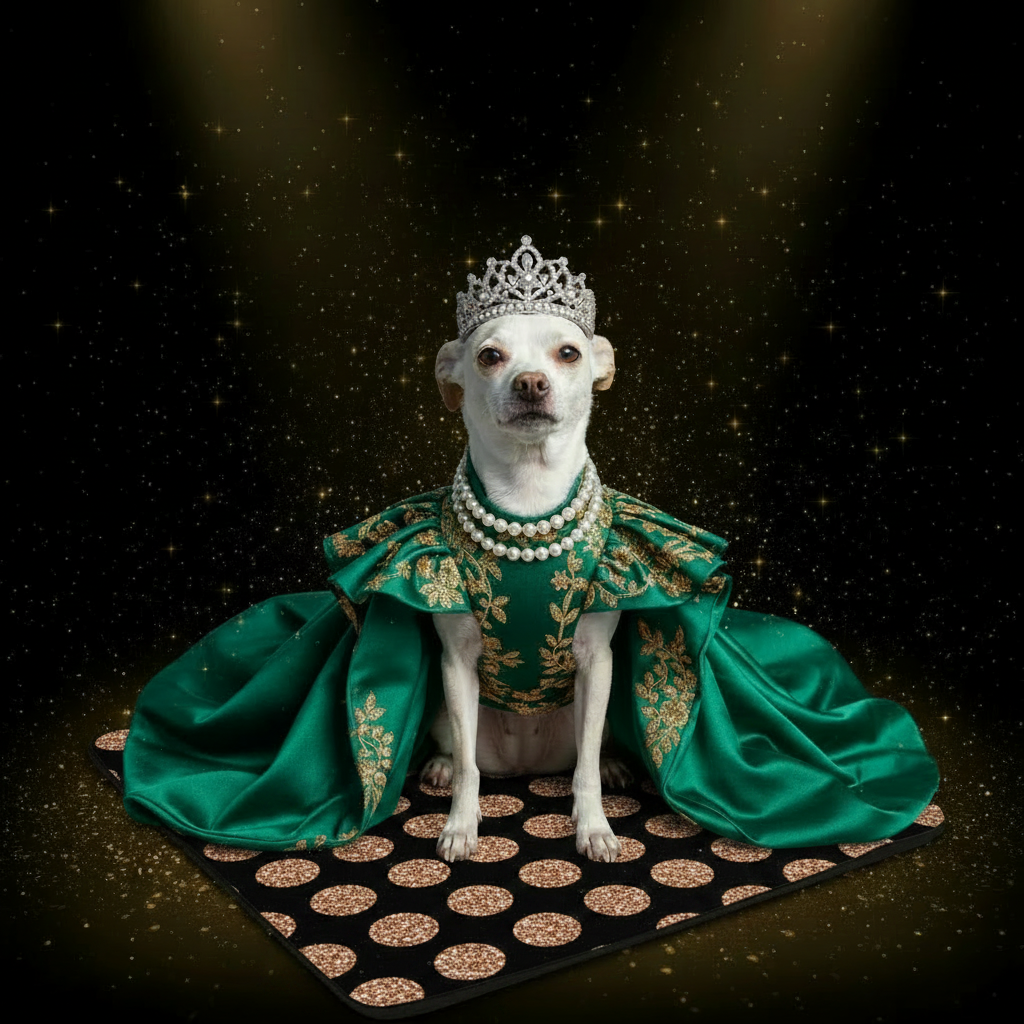 Coco Sitting on Rose Gold Dot Mat