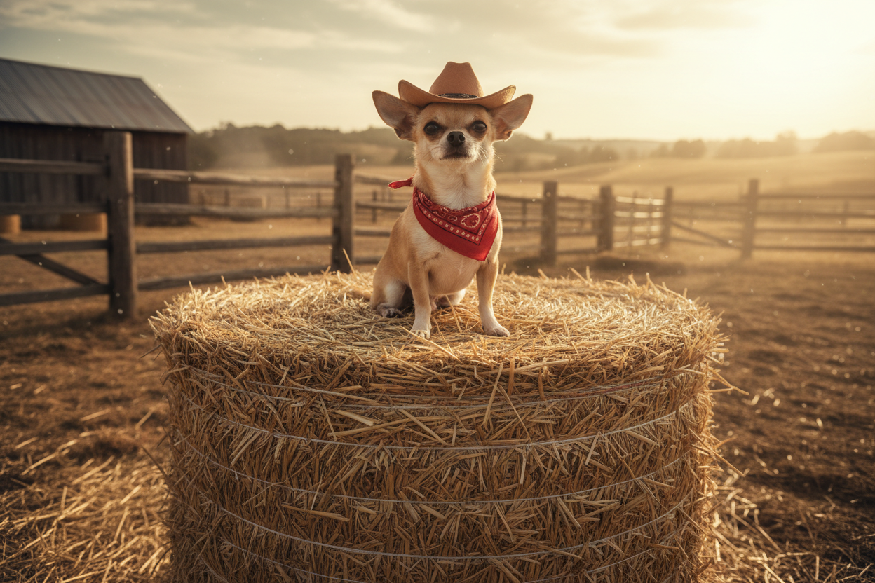 coco the chihuaha on a round bale of hay