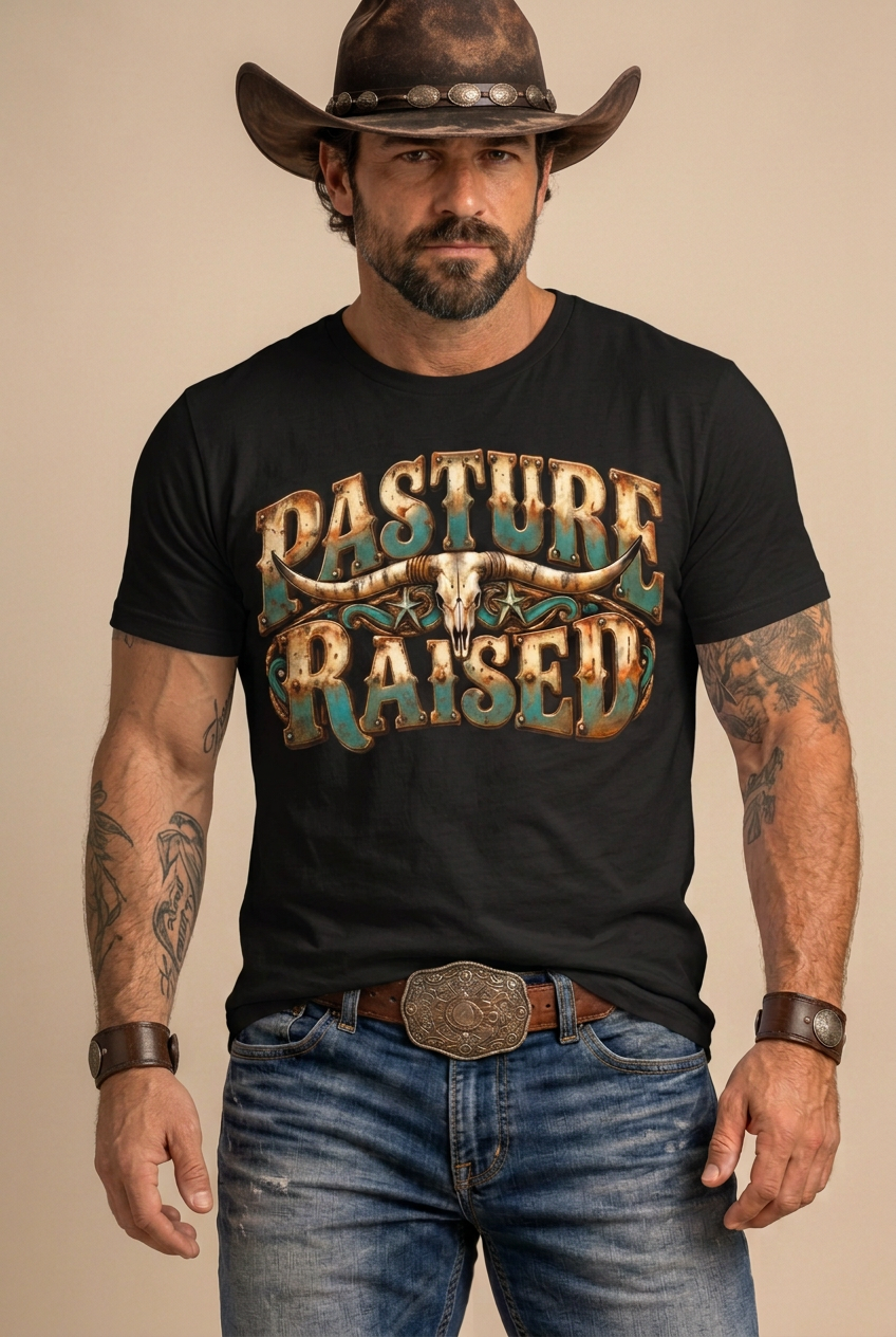 Corrected cowboy portrait in the black Pasture Raised tee with both arms naturally at his sides
