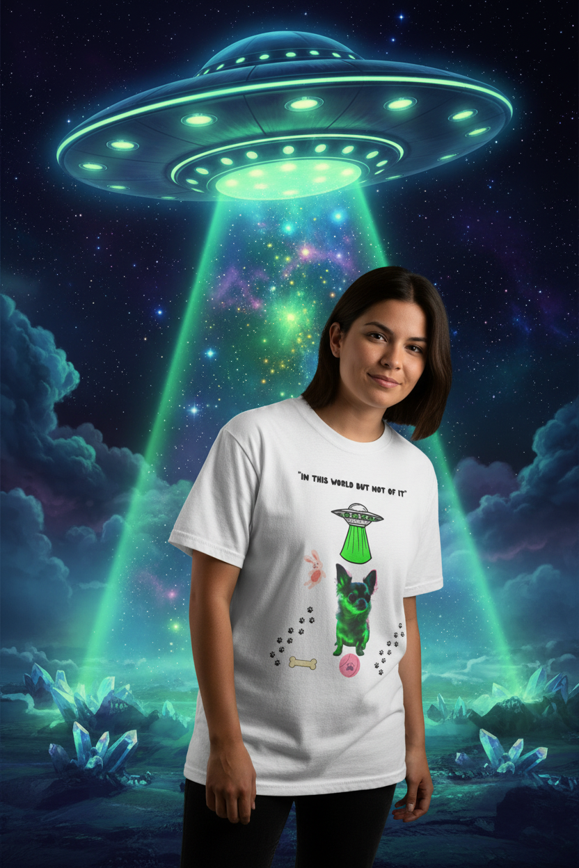 Cosmic Dog T-Shirt Mockup with UFO and Effects