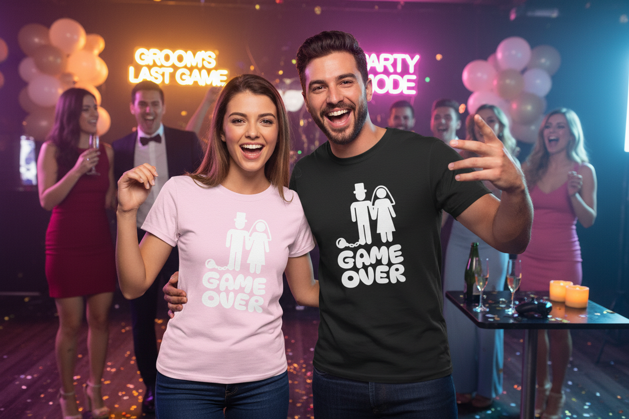 Couple wearing Game Over Bride & Groom tees