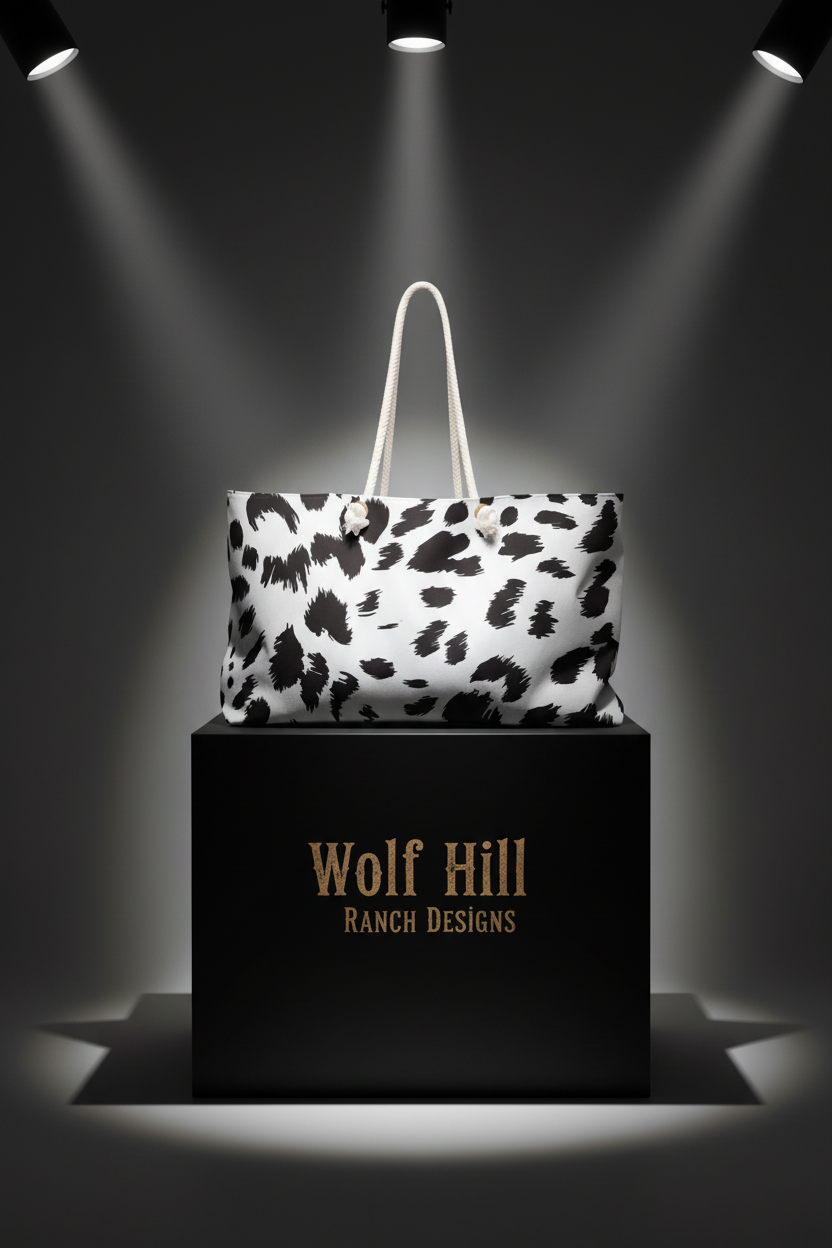 Cow Print Weekender Bag showcase under lights