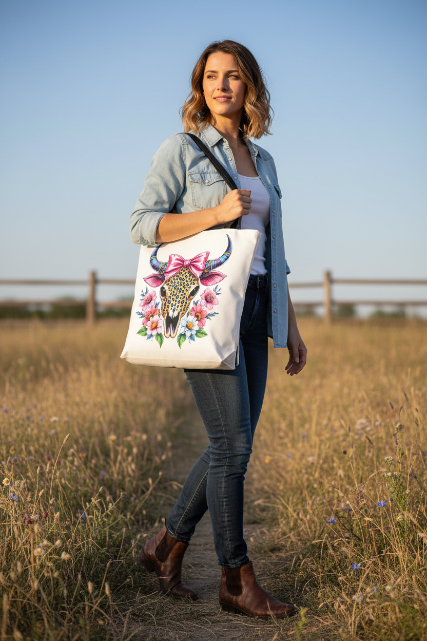 Cow Skull Floral Tote - Actual Size