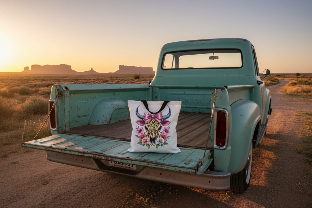 Cow Skull Floral Tote - Vintage Truck