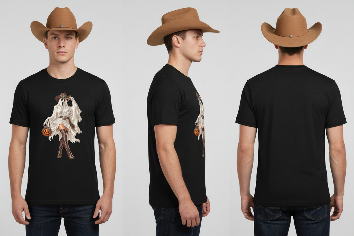 Cowboy in black Boots and Boos tee, front side and back views