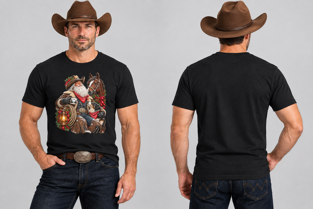 Cowboy in black Cowboy Santa tee, new front-and-back poses