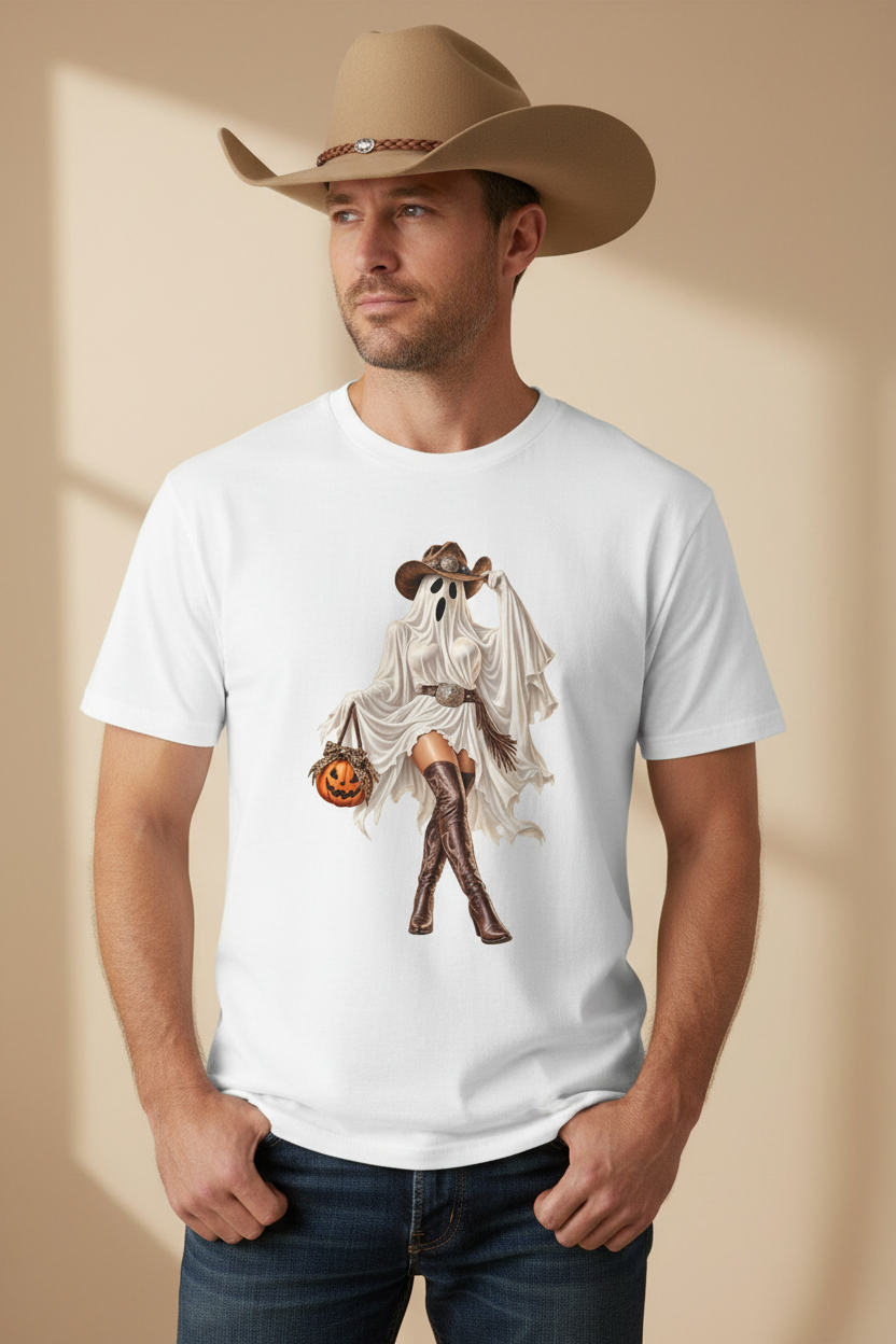 Cowboy in the Boots and Boos white tee, warm minimal lifestyle shot