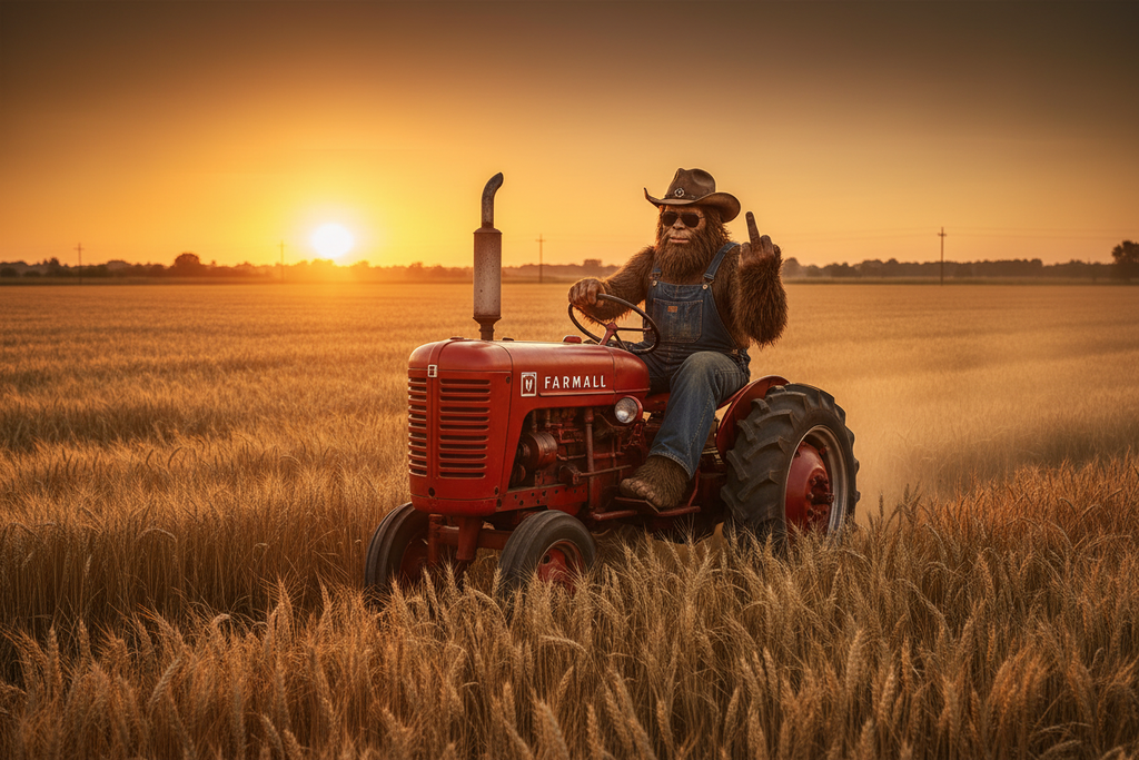 Cowboy on Tractor in Wheat Field