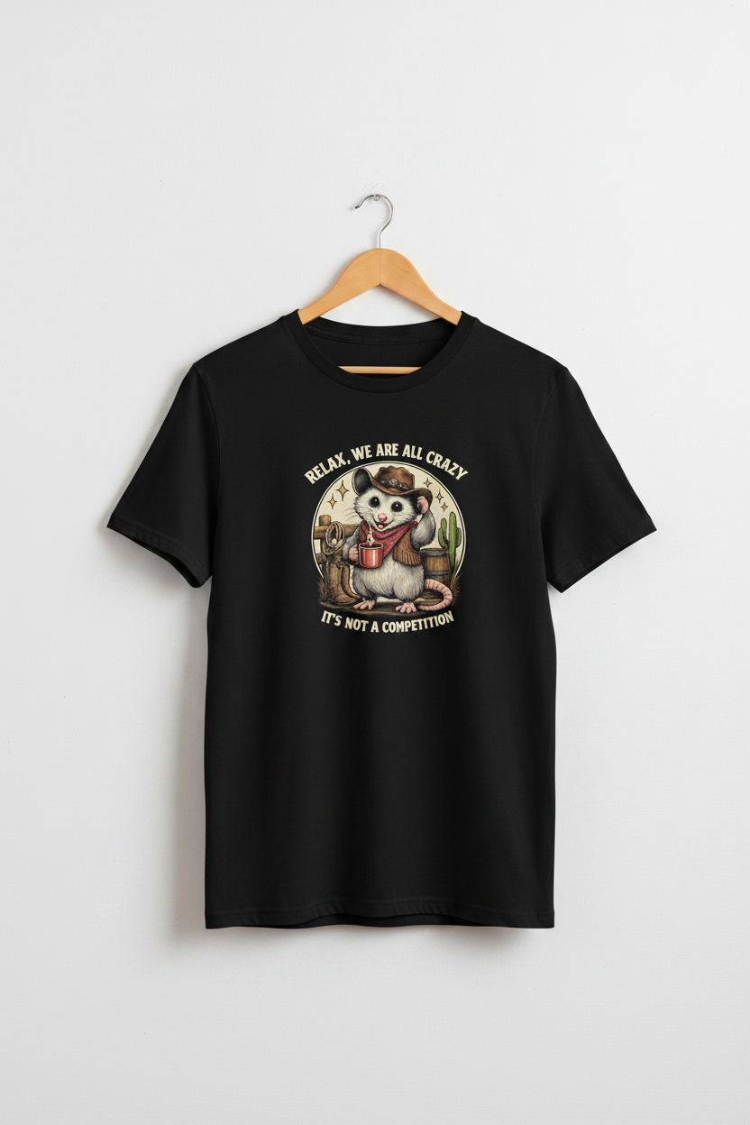 Cowboy Possum Black Tee on Hanger