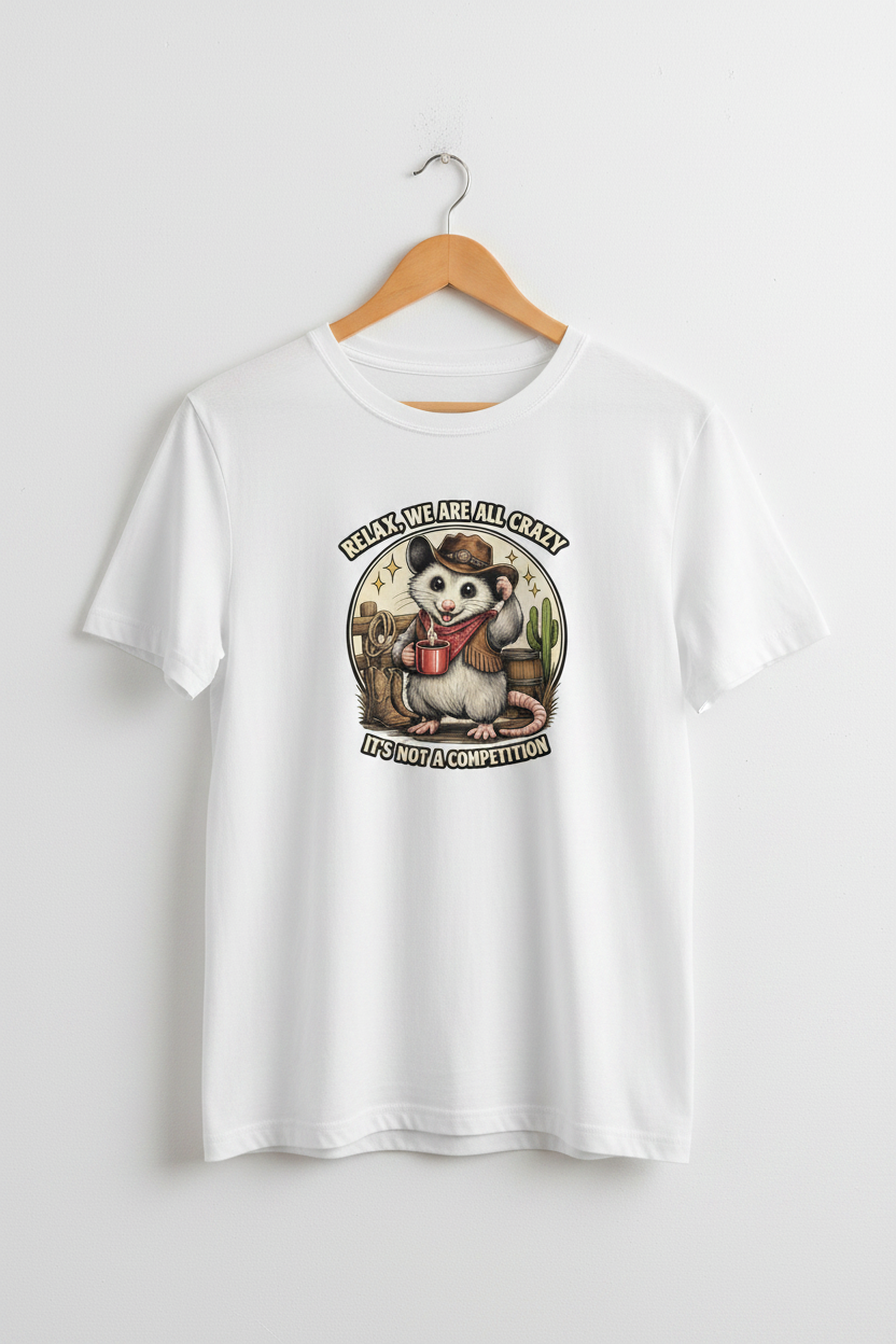 Cowboy Possum White Tee on Hanger