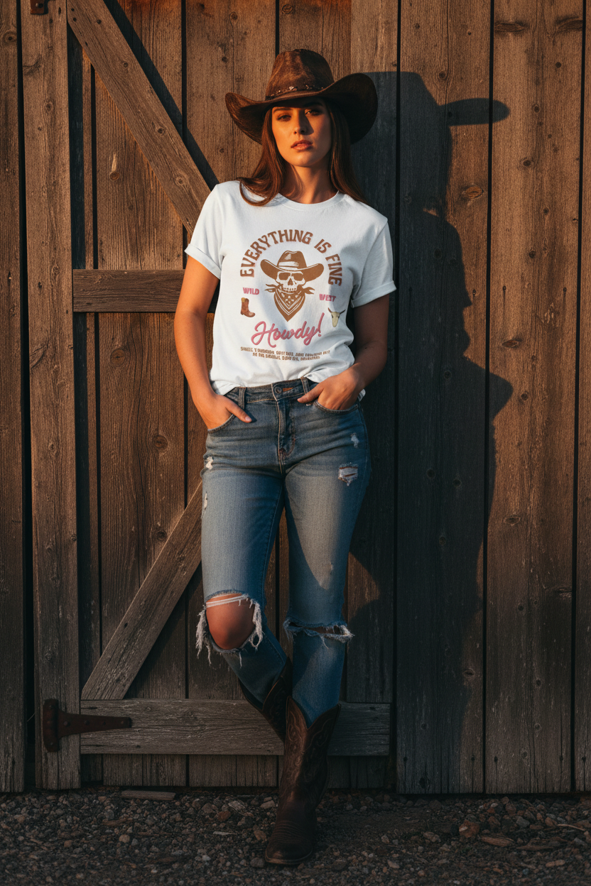 Cowboy Skull Tee - Cowgirl Mockup 2 Barn Door