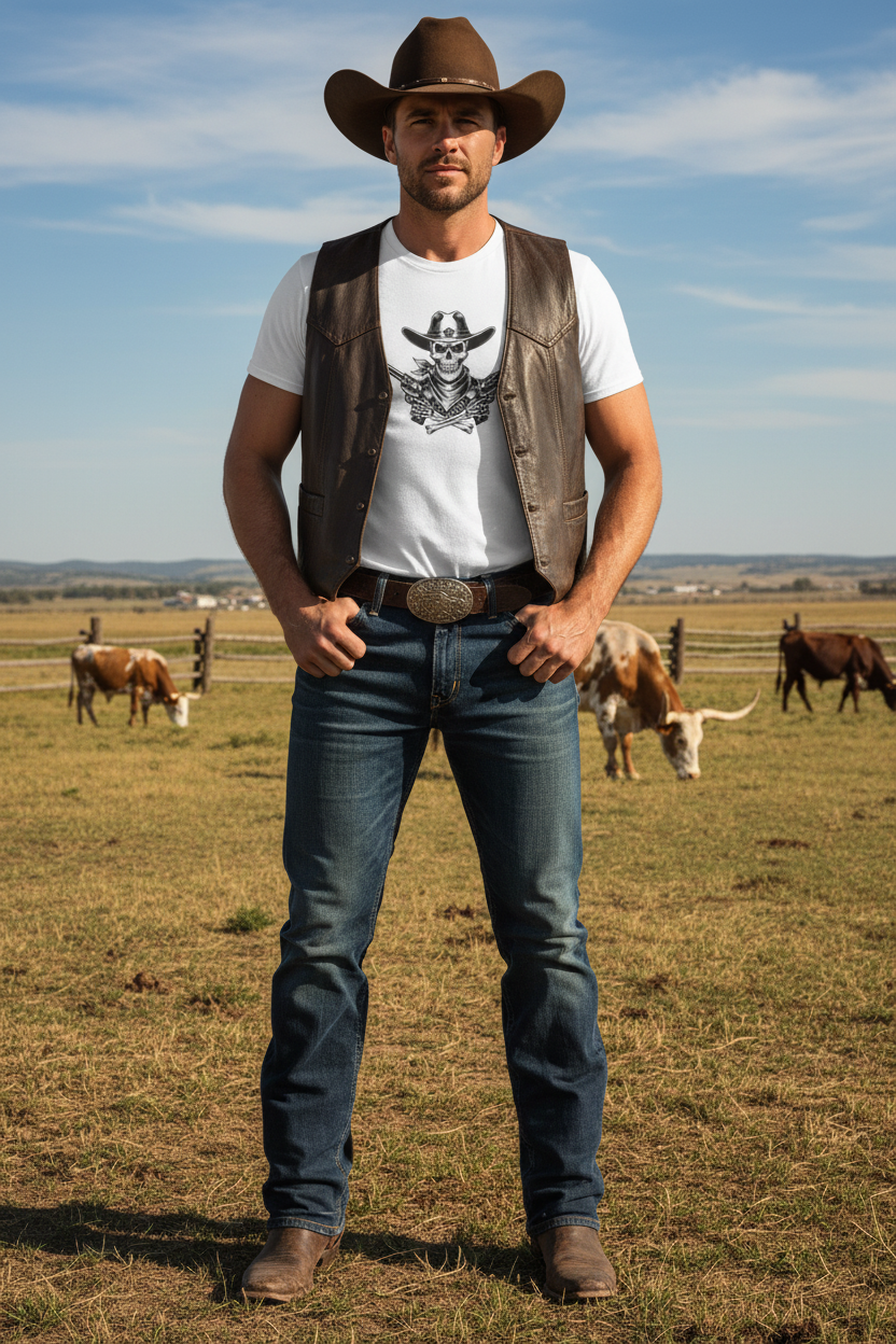 Cowboy Skull Tee - Ranch with Cows Mockup