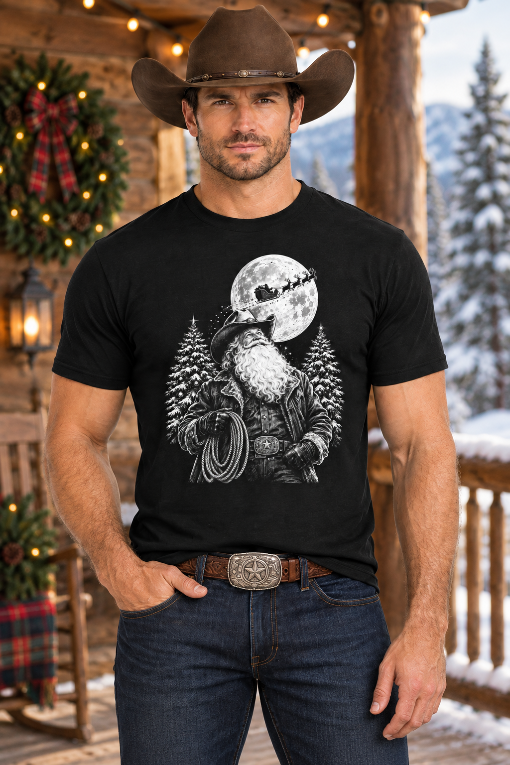 Cowboy wearing the black Santa tee against a western Christmas ranch backdrop