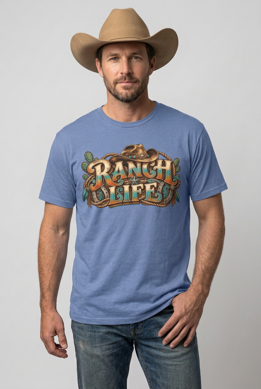 Cowboy wearing the blue Ranch Life tee in a single studio portrait